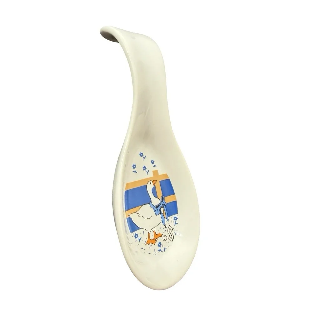 Vintage Ceramic Spoon Rest With blue bow flowers Patterned Duck Motif